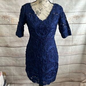 Yoana  Baraschi Blue Lace Dress Sheath Arabesque Short Sleeves Size 4